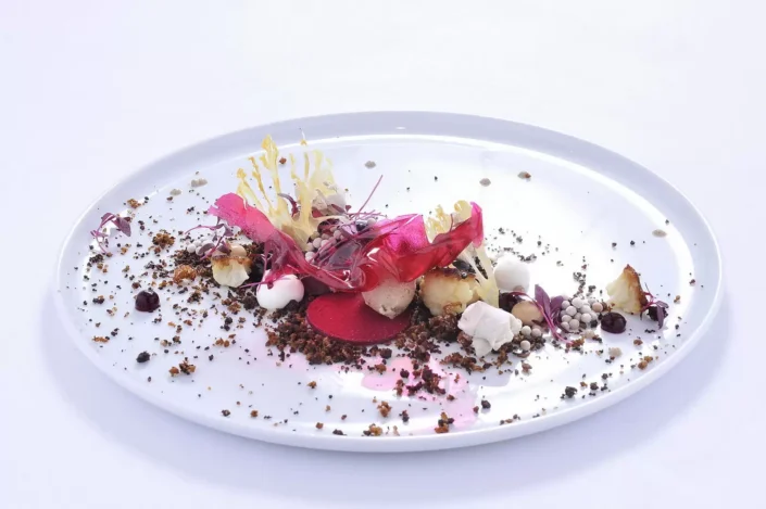 Kunstvoll angerichtetes Gourmet-Dessert auf einem weißen Teller mit Beeren, knusprigen Elementen und filigranen Dekorationen in der Foodfotografie.