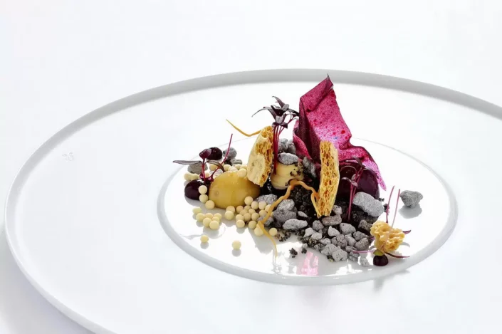 Kunstvoll angerichtetes Dessert auf einem weißen Teller, das durch seine filigrane Anordnung und Texturvielfalt besticht.
