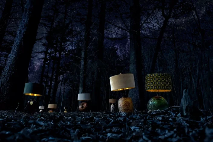 Mehrere leuchtende Tischlampen mit verschiedenen Schirmen stehen nachts im dunklen Wald unter einem sternenklaren Nachthimmel.
